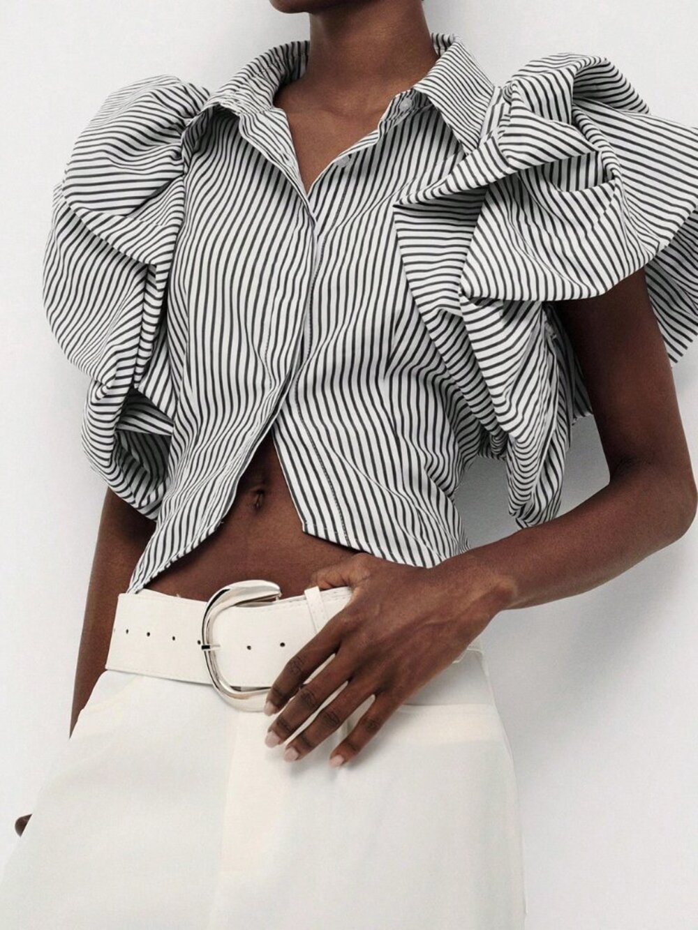Grey Casual Women's Rock Exaggerated Petal Puff Sleeve Shirt - Picture 6 of 7